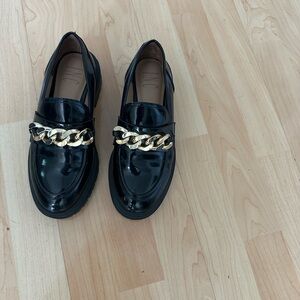 Black Loafers with Gold Chain Accent